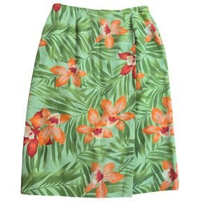 Worthington Vtg Green Floral Silk Hawaiian Tropic Vacation Resort Midi Skirt 10